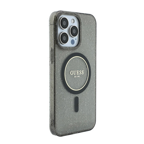 Guess Guess iPhone 15 Pro Max Back cover case - HC O Magsafe IML Glitter W/ Pearl Strap - Black Guess Guess iPhone 15 Pro Max Back cover case - HC O Magsafe IML Glitter W/ Pearl Strap - Black