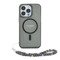 Guess iPhone 15 Pro Max Back cover coque - HC O Magsafe IML Glitter W/ Pearl Strap - Noir