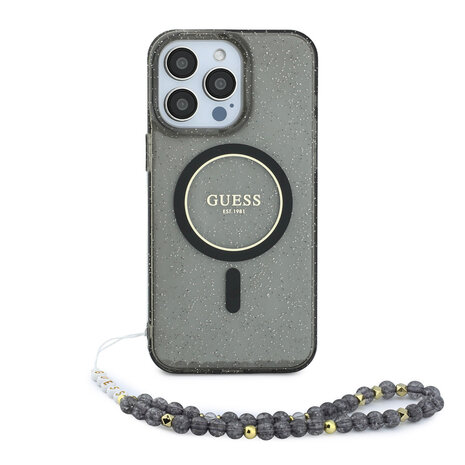 Guess Guess iPhone 15 Pro Max Back-Cover hul - HC O Magsafe IML Glitter W/ Pearl Strap - Schwarz Guess Guess iPhone 15 Pro Max Back-Cover hul - HC O Magsafe IML Glitter W/ Pearl Strap - Schwarz