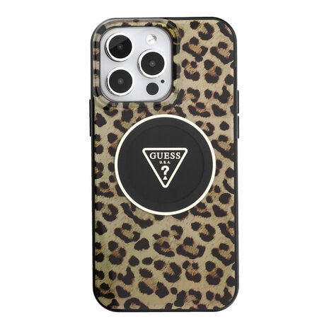 Guess Guess iPhone 15 Pro Max Backcover hoesje - HC O PC TPU Leopard Printed - Bruin Guess Guess iPhone 15 Pro Max Backcover hoesje - HC O PC TPU Leopard Printed - Bruin