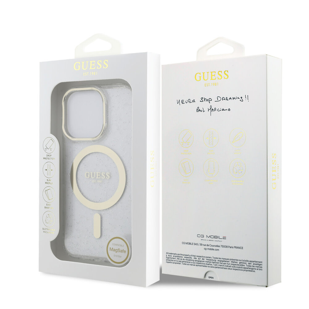Guess Guess iPhone 16 Pro Backcover hoesje - HC O Magsafe IML Translucent Glitter Colored - Transparant