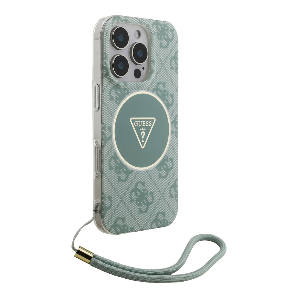 Guess Guess iPhone 16 Pro Back-Cover hul - HC O Magsafe IML 4G Triangle W/ Cord Strap - Grün Guess Guess iPhone 16 Pro Back-Cover hul - HC O Magsafe IML 4G Triangle W/ Cord Strap - Grün