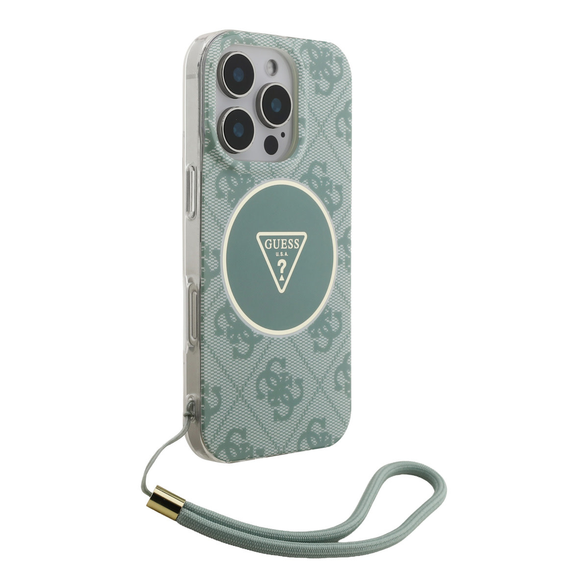 Guess Guess iPhone 16 Pro Backcover hoesje - HC O Magsafe IML 4G Triangle W/ Cord Strap - Groen, foto 3 van 6