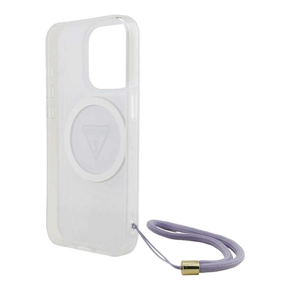 Guess Guess iPhone 15 Pro Backcover hoesje - HC O Magsafe IML 4G Triangle W/ Cord Strap - Paars Guess Guess iPhone 15 Pro Backcover hoesje - HC O Magsafe IML 4G Triangle W/ Cord Strap - Paars