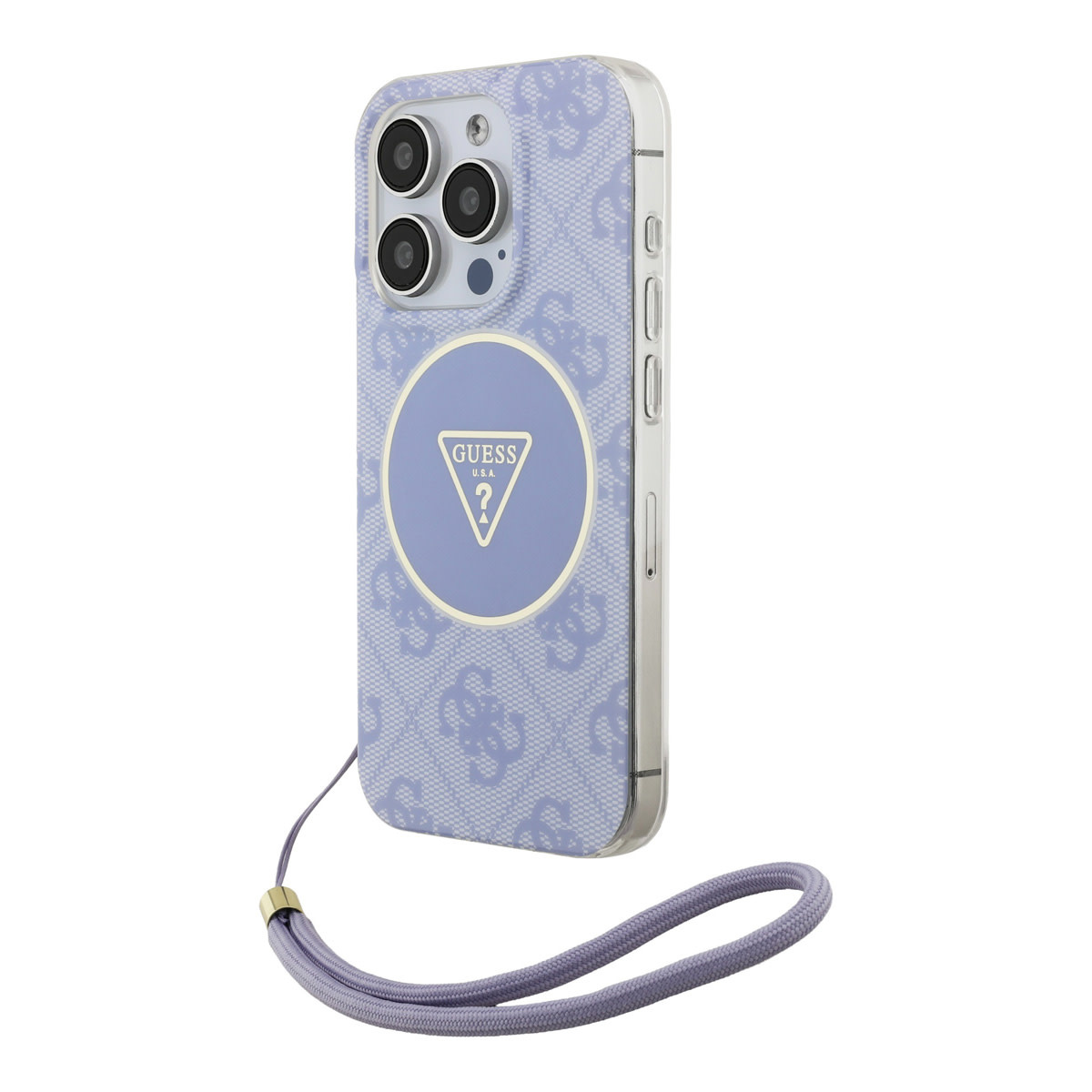 Guess Guess iPhone 15 Pro Backcover hoesje - HC O Magsafe IML 4G Triangle W/ Cord Strap - Paars, foto 2 van 6