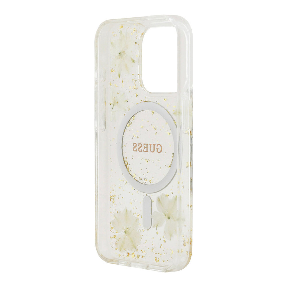 Guess Guess iPhone 15 Pro Back cover coque - O HC Magsafe Resin Flowers And Glitter - Beige Guess Guess iPhone 15 Pro Back cover coque - O HC Magsafe Resin Flowers And Glitter - Beige