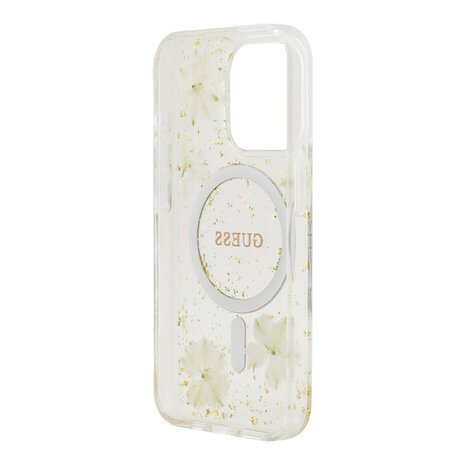 Guess Guess iPhone 15 Pro Back-Cover hul - O HC Magsafe Resin Flowers And Glitter - Beige Guess Guess iPhone 15 Pro Back-Cover hul - O HC Magsafe Resin Flowers And Glitter - Beige