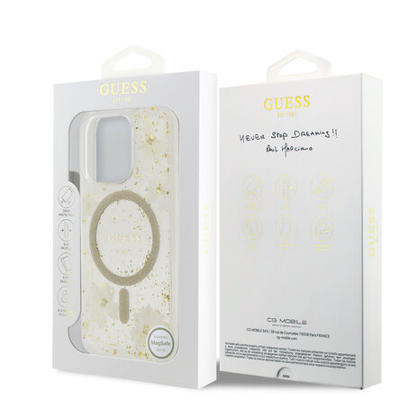 Guess Guess iPhone 15 Pro Back-Cover hul - O HC Magsafe Resin Flowers And Glitter - Beige Guess Guess iPhone 15 Pro Back-Cover hul - O HC Magsafe Resin Flowers And Glitter - Beige
