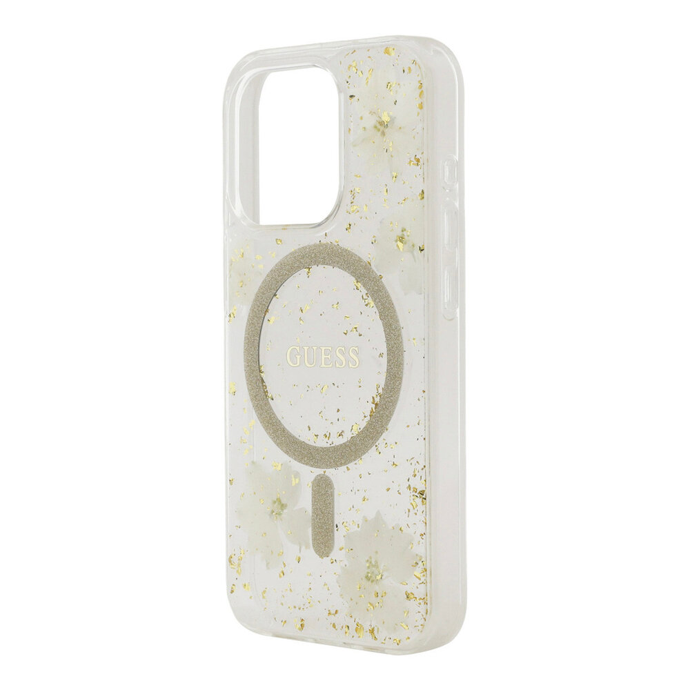 Guess Guess iPhone 15 Pro Back cover case - O HC Magsafe Resin Flowers And Glitter - Beige Guess Guess iPhone 15 Pro Back cover case - O HC Magsafe Resin Flowers And Glitter - Beige