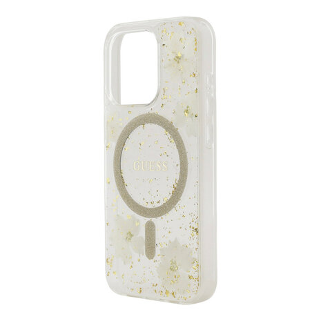Guess Guess iPhone 15 Pro Back-Cover hul - O HC Magsafe Resin Flowers And Glitter - Beige Guess Guess iPhone 15 Pro Back-Cover hul - O HC Magsafe Resin Flowers And Glitter - Beige