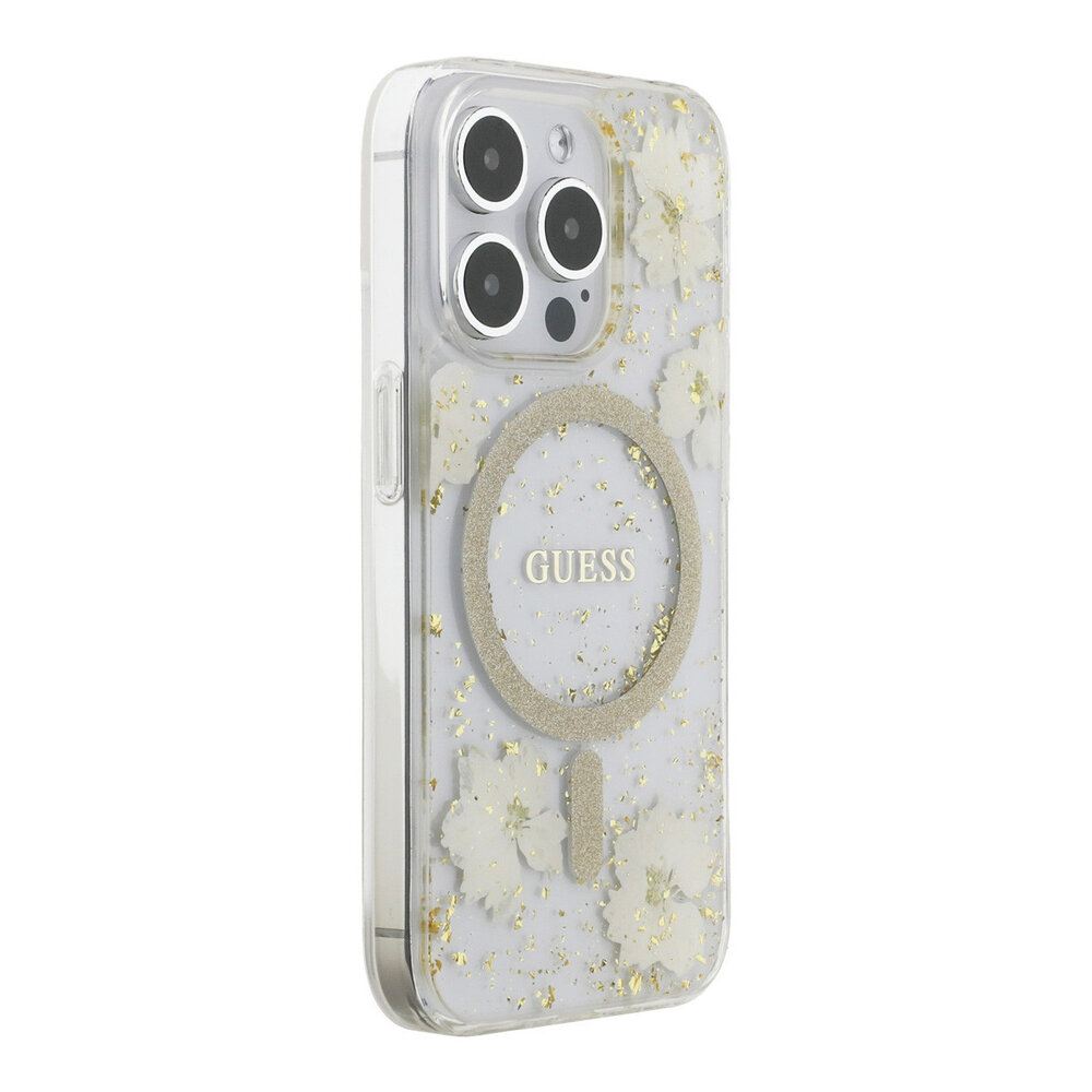 Guess Guess iPhone 15 Pro Backcover hoesje - O HC Magsafe Resin Flowers And Glitter - Beige Guess Guess iPhone 15 Pro Backcover hoesje - O HC Magsafe Resin Flowers And Glitter - Beige