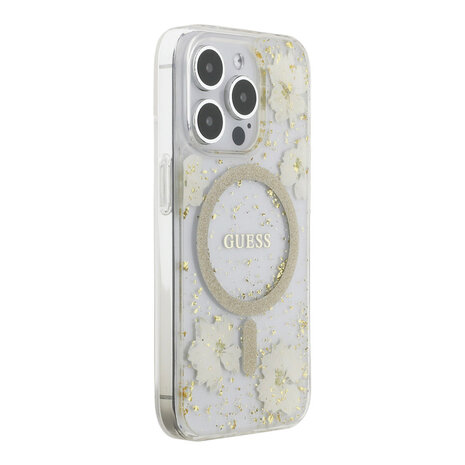Guess Guess iPhone 15 Pro Back cover case - O HC Magsafe Resin Flowers And Glitter - Beige Guess Guess iPhone 15 Pro Back cover case - O HC Magsafe Resin Flowers And Glitter - Beige