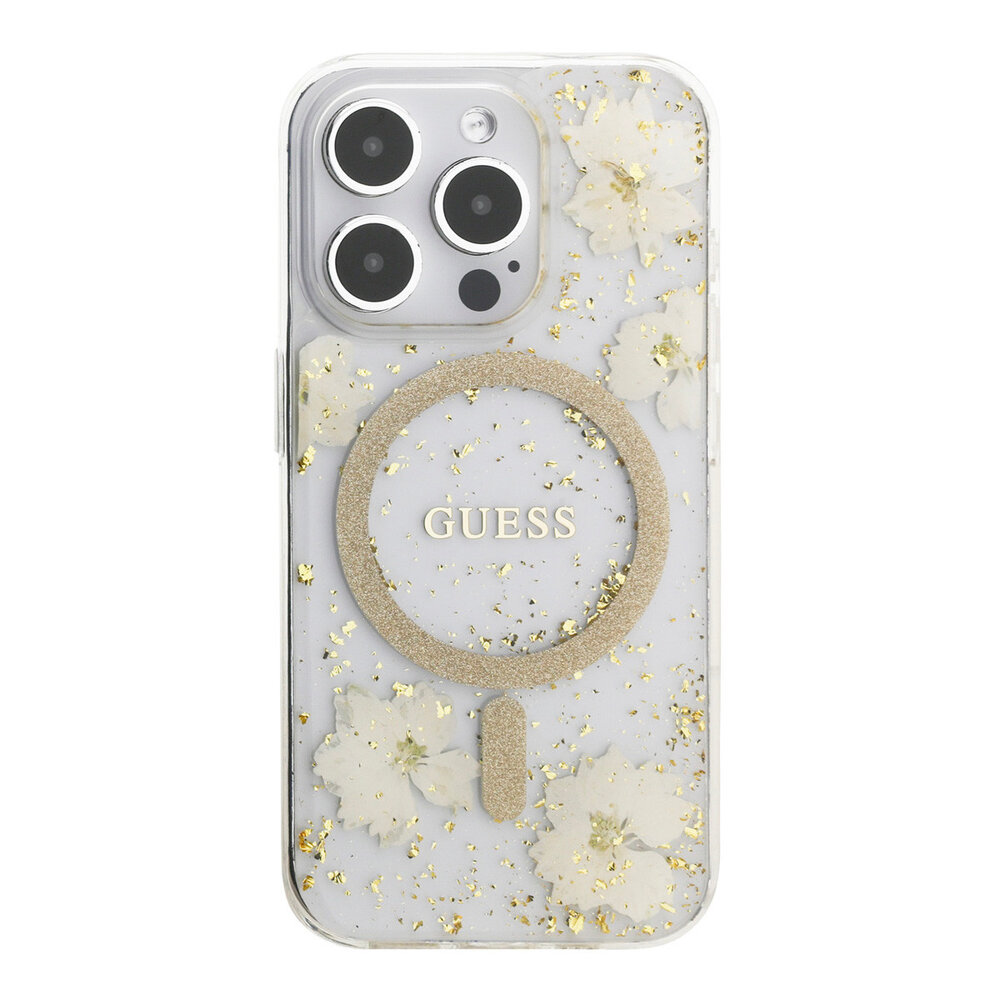Guess Guess iPhone 15 Pro Back cover case - O HC Magsafe Resin Flowers And Glitter - Beige Guess Guess iPhone 15 Pro Back cover case - O HC Magsafe Resin Flowers And Glitter - Beige