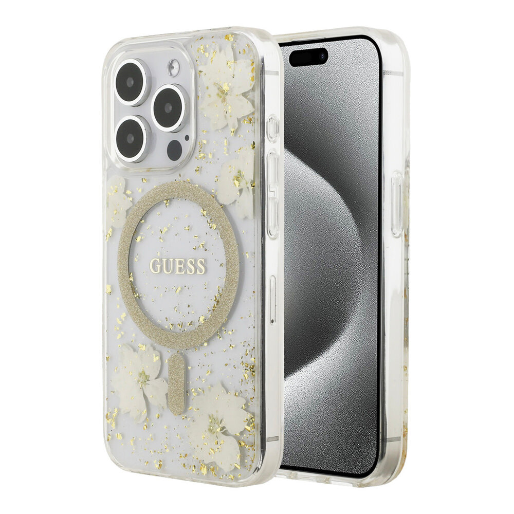 Guess Guess iPhone 15 Pro Back cover coque - O HC Magsafe Resin Flowers And Glitter - Beige Guess Guess iPhone 15 Pro Back cover coque - O HC Magsafe Resin Flowers And Glitter - Beige