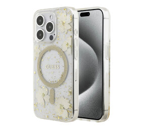 Guess Guess iPhone 15 Pro Back cover case - O HC Magsafe Resin Flowers And Glitter - Beige Guess Guess iPhone 15 Pro Back cover case - O HC Magsafe Resin Flowers And Glitter - Beige