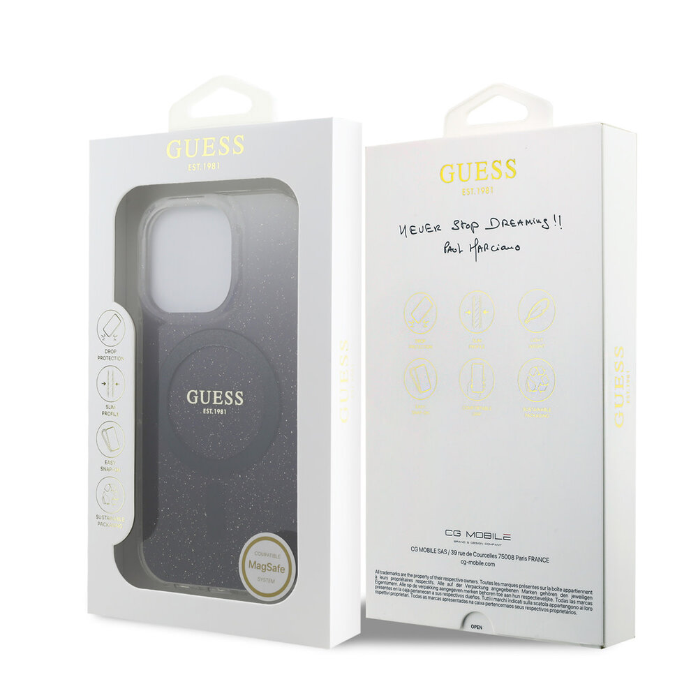Guess Guess iPhone 16 Pro Back-Cover hul - O HC Magsafe IML Glitter Gradient - Schwarz Guess Guess iPhone 16 Pro Back-Cover hul - O HC Magsafe IML Glitter Gradient - Schwarz