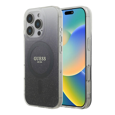 Guess Guess iPhone 16 Pro Backcover hoesje - O HC Magsafe IML Glitter Gradient - Zwart Guess Guess iPhone 16 Pro Backcover hoesje - O HC Magsafe IML Glitter Gradient - Zwart