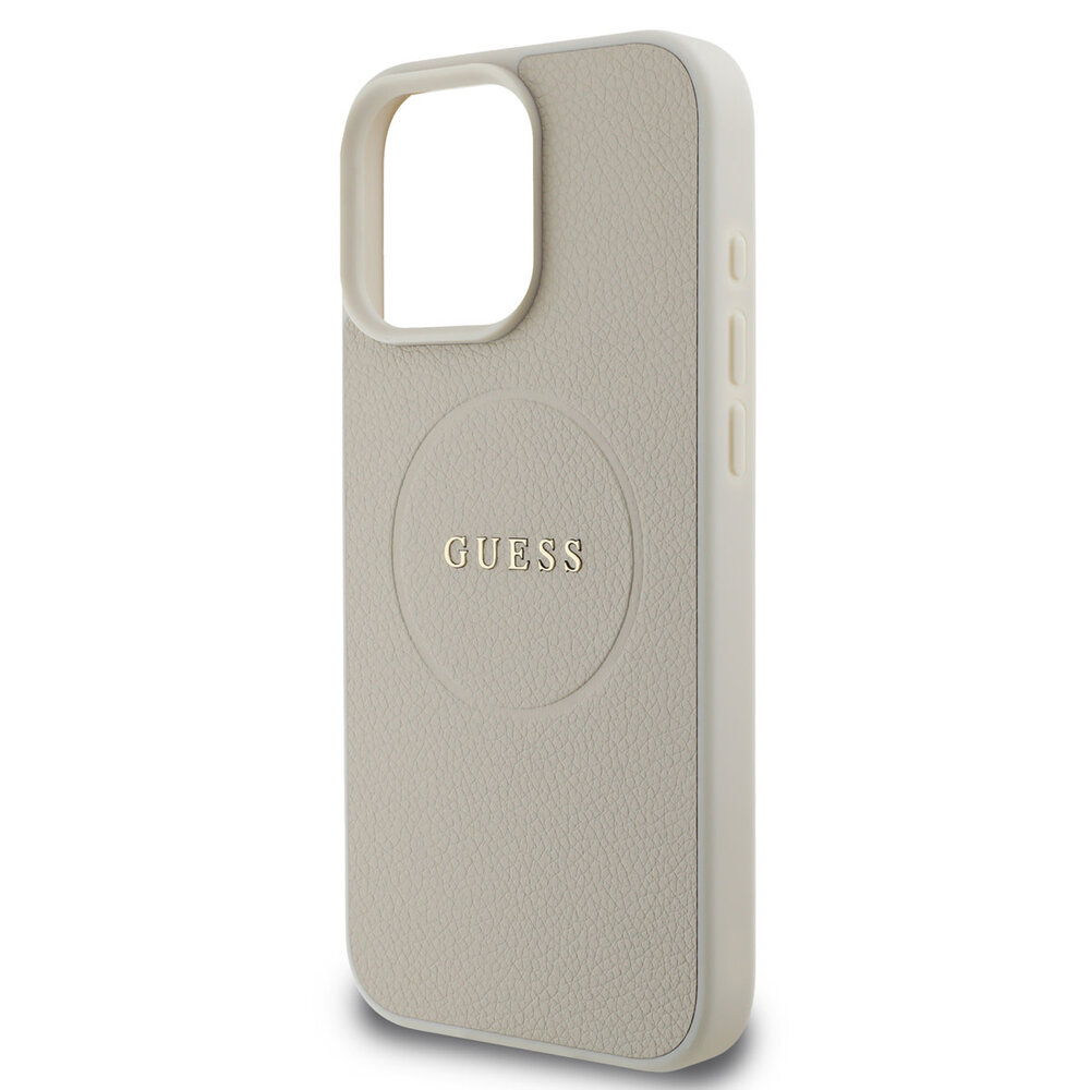 Guess Guess iPhone 15 Pro Max Back-Cover hul - HC Magsafe PU Grained Gold Ring - Beige Guess Guess iPhone 15 Pro Max Back-Cover hul - HC Magsafe PU Grained Gold Ring - Beige