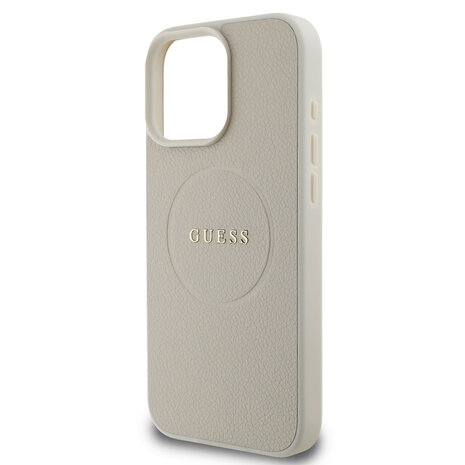 Guess Guess iPhone 15 Pro Max Back cover case - HC Magsafe PU Grained Gold Ring - Beige