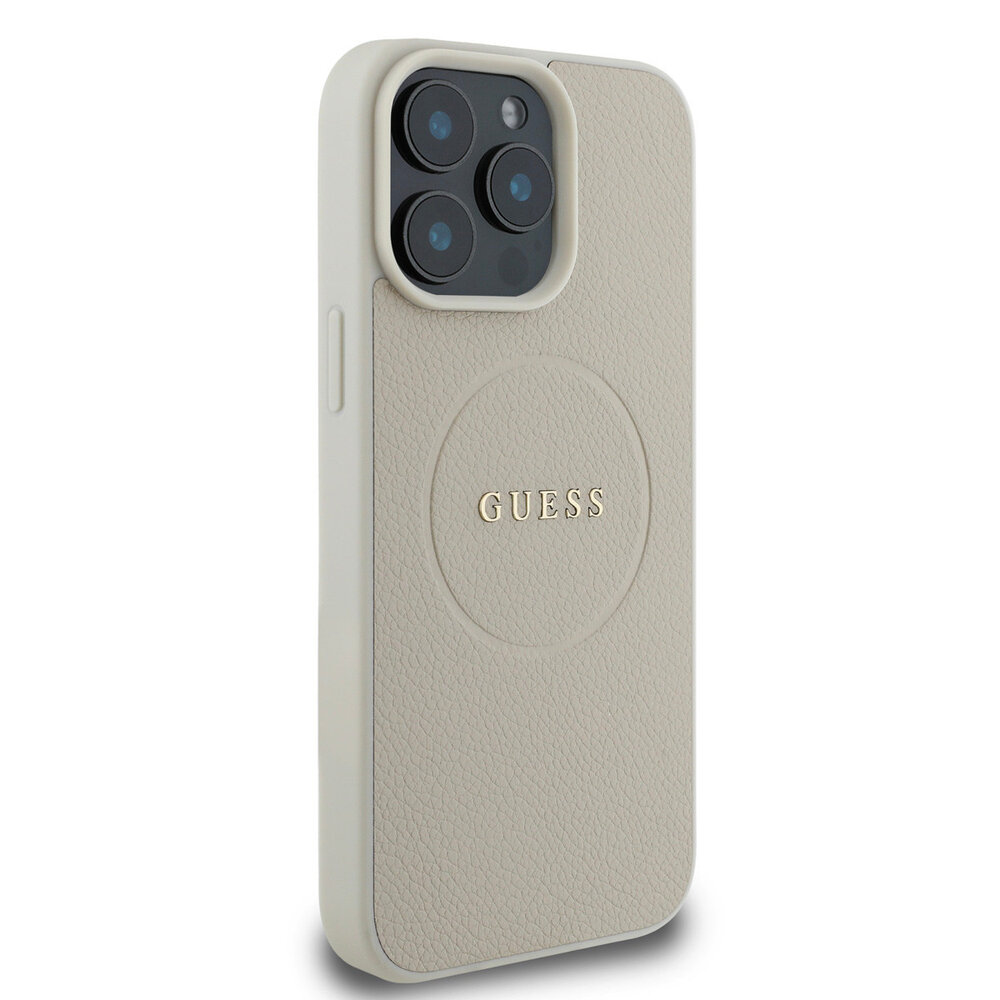 Guess Guess iPhone 15 Pro Max Backcover hoesje - HC Magsafe PU Grained Gold Ring - Beige Guess Guess iPhone 15 Pro Max Backcover hoesje - HC Magsafe PU Grained Gold Ring - Beige
