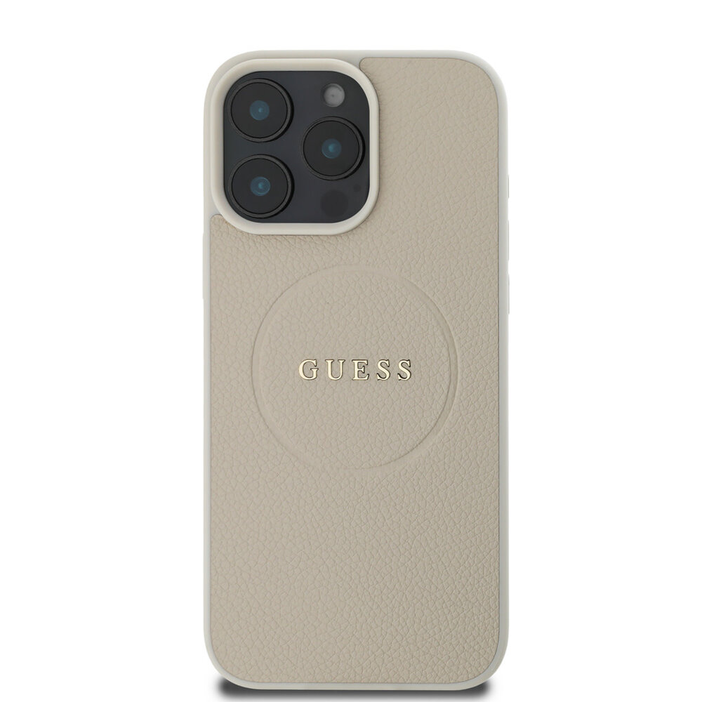 Guess Guess iPhone 15 Pro Max Back cover case - HC Magsafe PU Grained Gold Ring - Beige