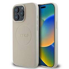 Guess iPhone 15 Pro Max Back-Cover hul - HC Magsafe PU Grained Gold Ring - Beige