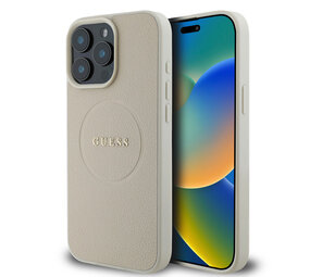 Guess Guess iPhone 15 Pro Max Back cover case - HC Magsafe PU Grained Gold Ring - Beige Guess Guess iPhone 15 Pro Max Back cover case - HC Magsafe PU Grained Gold Ring - Beige