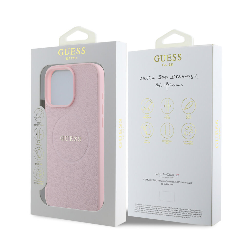Guess Guess iPhone 15 Pro Max Backcover hoesje - HC Magsafe PU Grained Gold Ring - Roze Guess Guess iPhone 15 Pro Max Backcover hoesje - HC Magsafe PU Grained Gold Ring - Roze