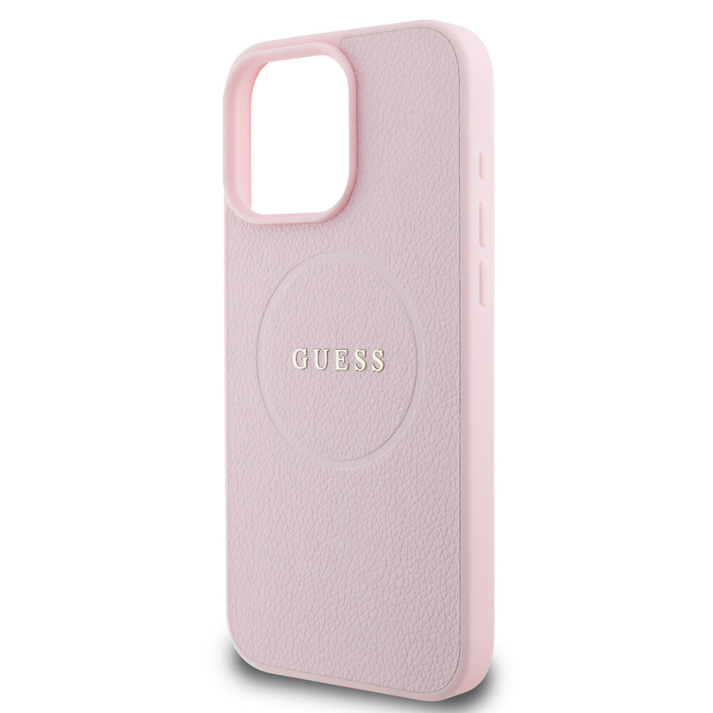 Guess Guess iPhone 15 Pro Max Backcover hoesje - HC Magsafe PU Grained Gold Ring - Roze Guess Guess iPhone 15 Pro Max Backcover hoesje - HC Magsafe PU Grained Gold Ring - Roze