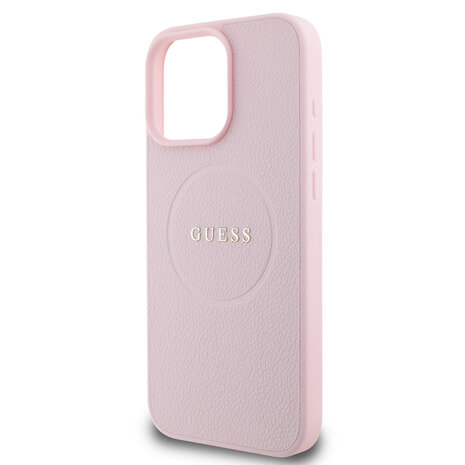 Guess Guess iPhone 15 Pro Max Back cover case - HC Magsafe PU Grained Gold Ring - Pink Guess Guess iPhone 15 Pro Max Back cover case - HC Magsafe PU Grained Gold Ring - Pink