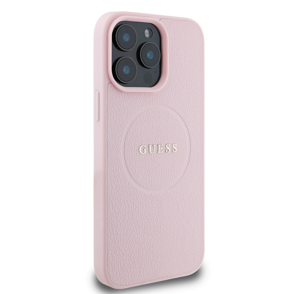 Guess Guess iPhone 15 Pro Max Back cover case - HC Magsafe PU Grained Gold Ring - Pink Guess Guess iPhone 15 Pro Max Back cover case - HC Magsafe PU Grained Gold Ring - Pink