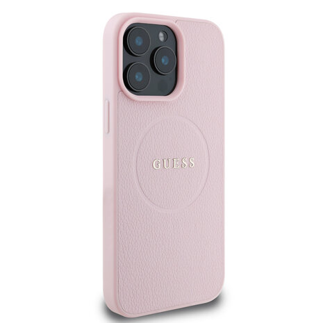Guess Guess iPhone 15 Pro Max Back cover case - HC Magsafe PU Grained Gold Ring - Pink Guess Guess iPhone 15 Pro Max Back cover case - HC Magsafe PU Grained Gold Ring - Pink