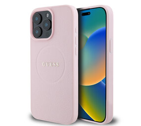 Guess Guess iPhone 15 Pro Max Back cover case - HC Magsafe PU Grained Gold Ring - Pink Guess Guess iPhone 15 Pro Max Back cover case - HC Magsafe PU Grained Gold Ring - Pink