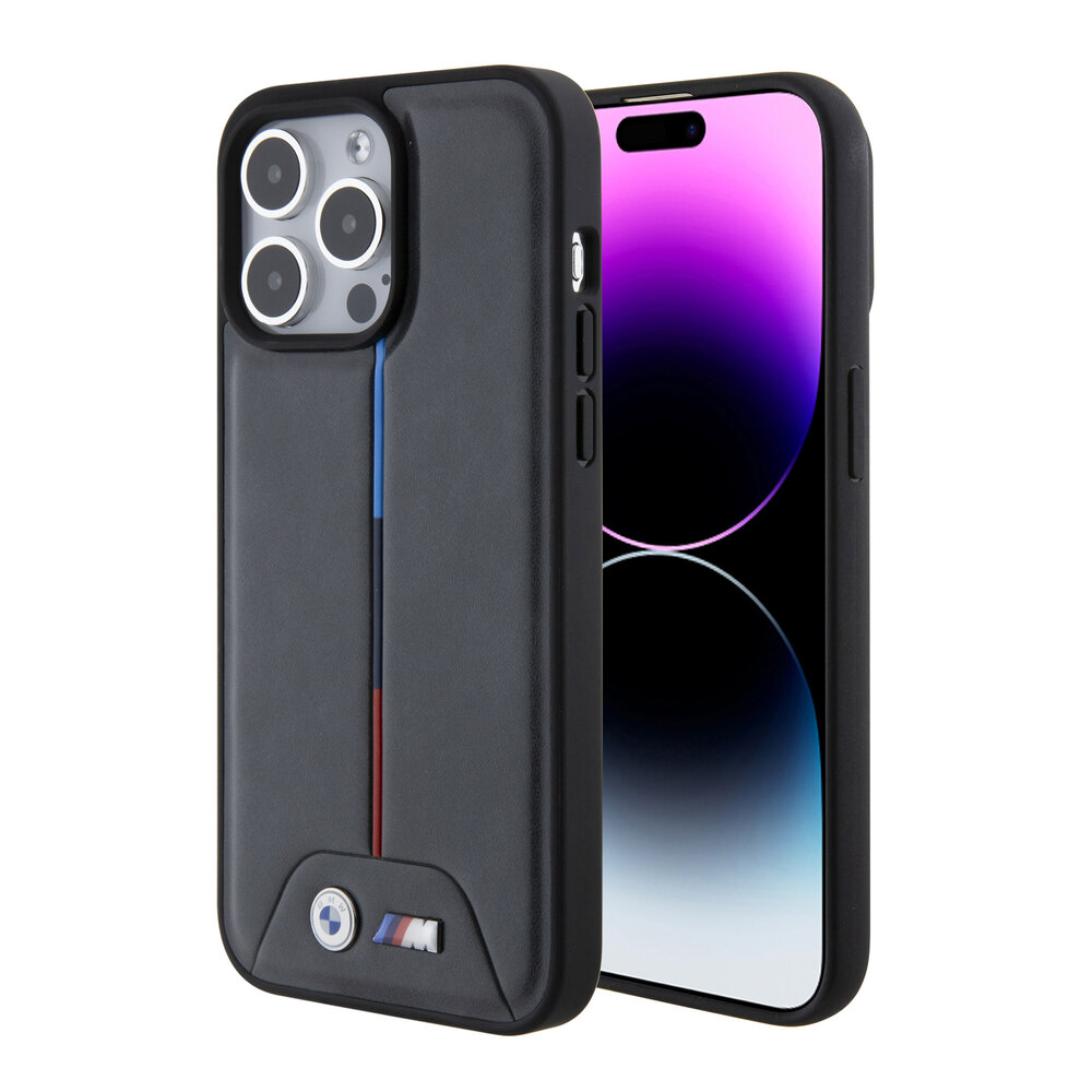 BMW BMW M iPhone 15 Pro Max Back cover coque - PU Leather Case with Quilted Tricolor Pattern - Noir BMW BMW M iPhone 15 Pro Max Back cover coque - PU Leather Case with Quilted Tricolor Pattern - Noir