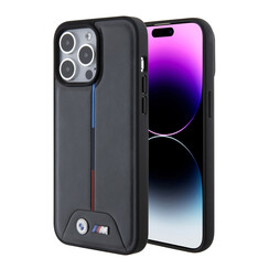 BMW M iPhone 15 Pro Max Back cover coque - PU Leather Case with Quilted Tricolor Pattern - Noir