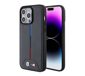 BMW BMW M iPhone 15 Pro Max Back cover case - PU Leather Case with Quilted Tricolor Pattern - Black