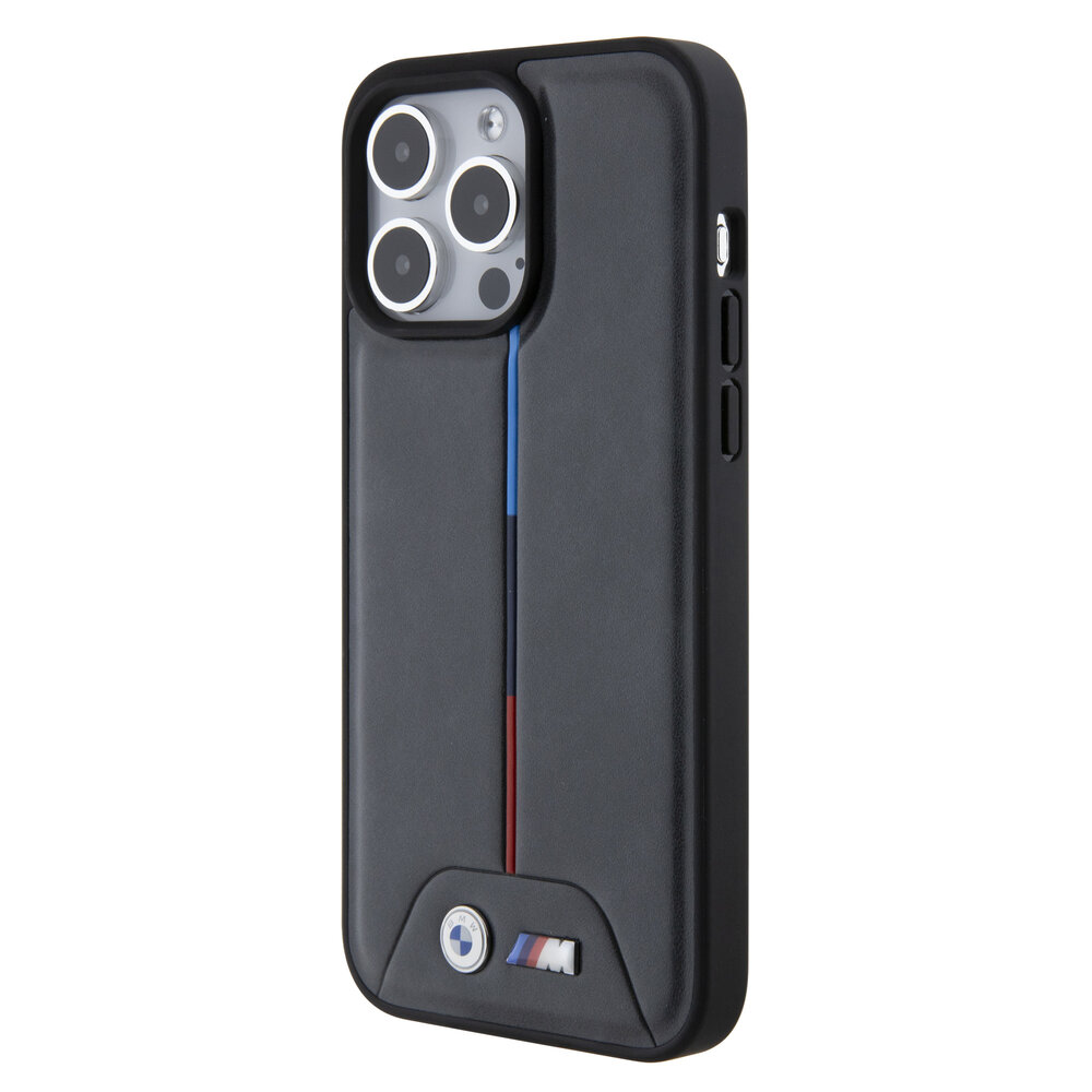 BMW BMW M iPhone 15 Pro Max Back-Cover hul - PU Leather Case with Quilted Tricolor Pattern - Schwarz BMW BMW M iPhone 15 Pro Max Back-Cover hul - PU Leather Case with Quilted Tricolor Pattern - Schwarz