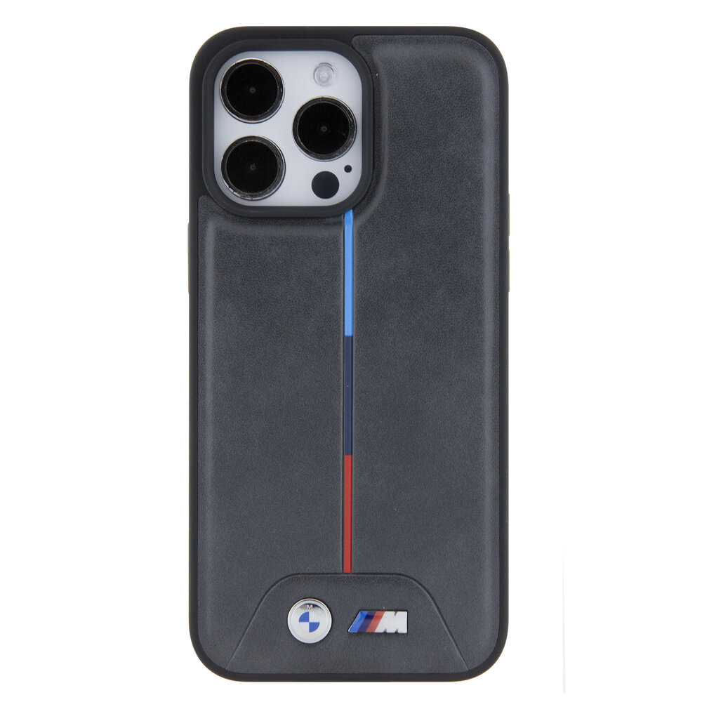 BMW BMW M iPhone 15 Pro Max Back cover case - PU Leather Case with Quilted Tricolor Pattern - Black