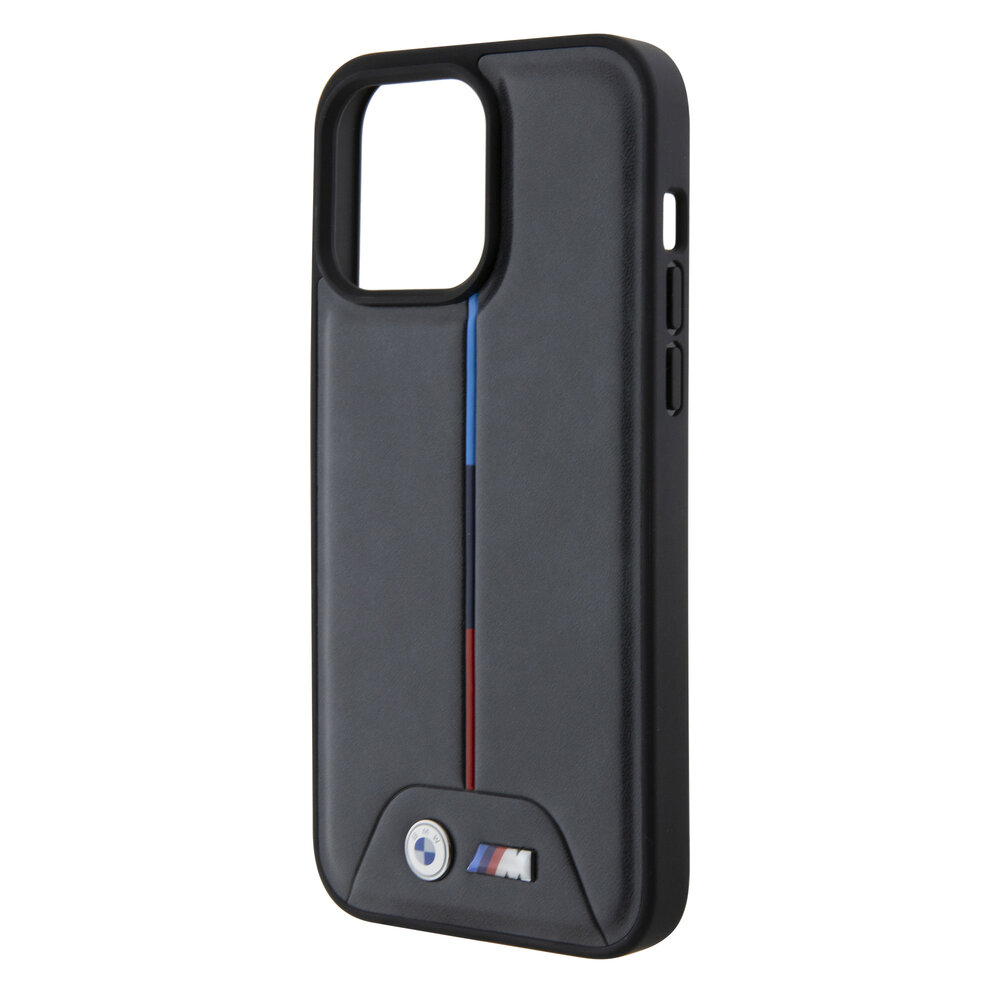 BMW BMW M iPhone 15 Pro Max Back cover case - PU Leather Case with Quilted Tricolor Pattern - Black
