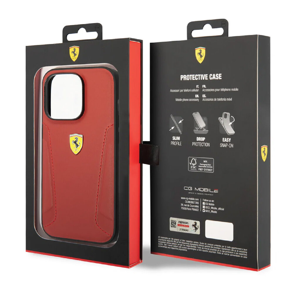 Ferrari Ferrari iPhone 14 Back cover case - Leather Case With Hot Stamped Sides And Yellow Shield Logo - Red