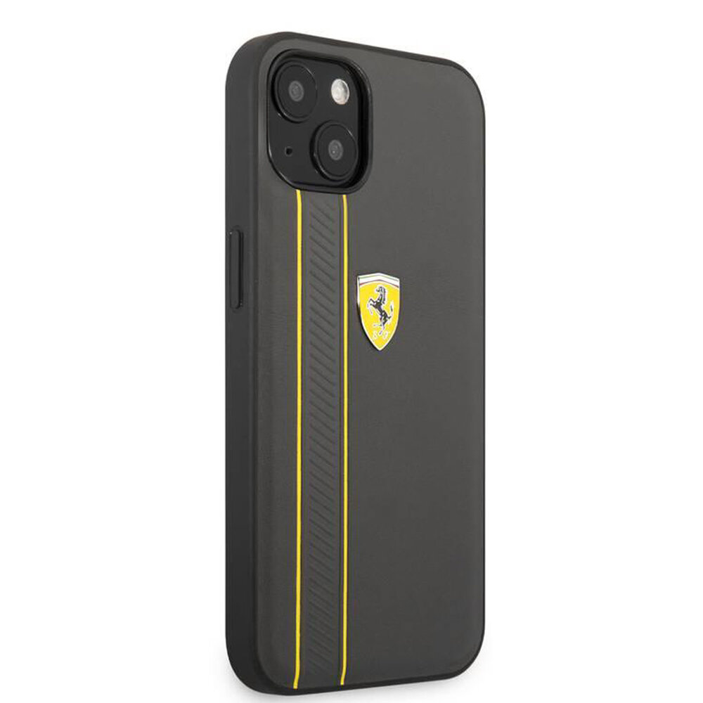 Ferrari Ferrari iPhone 13 Backcover hoesje - Genuine Leather Hard Case With Debossed Stripes - Zwart Ferrari Ferrari iPhone 13 Backcover hoesje - Genuine Leather Hard Case With Debossed Stripes - Zwart