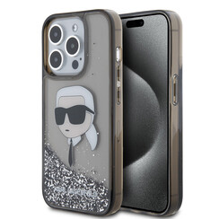Karl Lagerfeld iPhone 15 Pro Backcover hoesje - Liquid Glitter Case with NFT Karl Head - Zwart