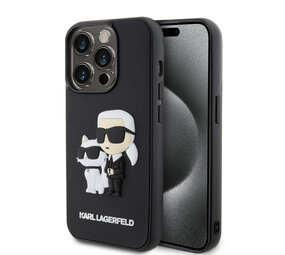 Karl Lagerfeld Karl Lagerfeld iPhone 15 Pro Backcover hoesje - Rubber Karl and Choupette Case - Zwart