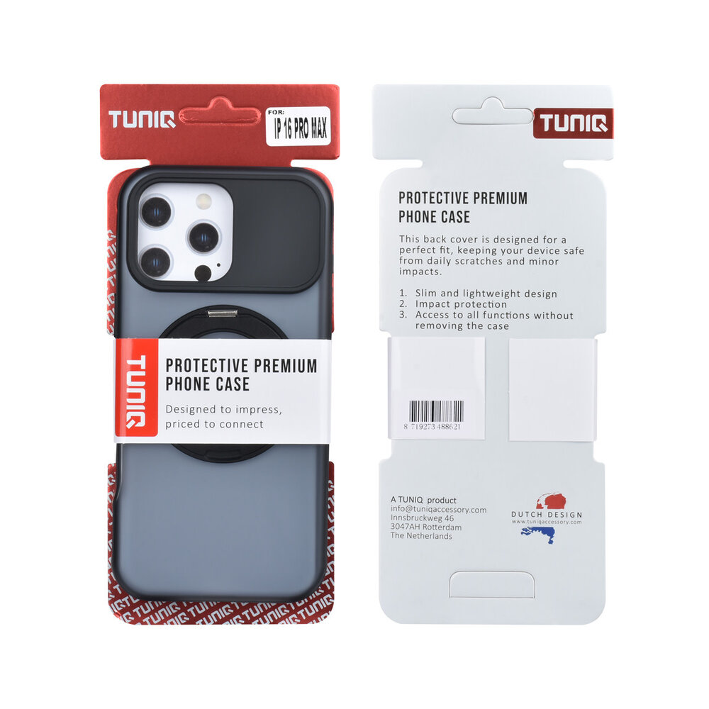 TUNIQ TUNIQ iPhone 16 Pro Max Back-Cover hul - 360 rotation stand MagSafe - Schwarz