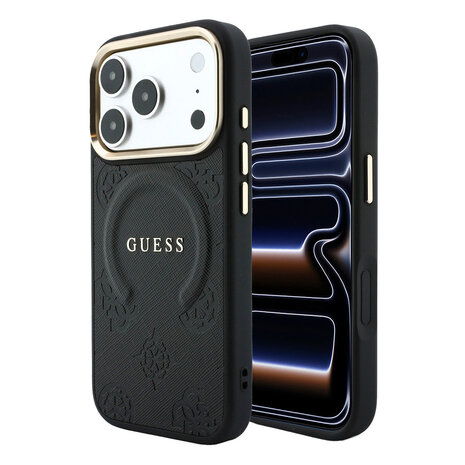 Guess Guess iPhone 18 Pro Max Back cover case - HC Magsafe Saffiano HS Peony & Ring - Black Guess Guess iPhone 18 Pro Max Back cover case - HC Magsafe Saffiano HS Peony & Ring - Black