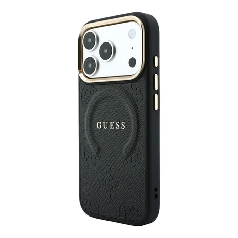 Guess Guess iPhone 18 Pro Max Back cover case - HC Magsafe Saffiano HS Peony & Ring - Black Guess Guess iPhone 18 Pro Max Back cover case - HC Magsafe Saffiano HS Peony & Ring - Black