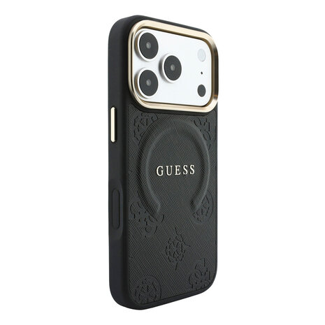 Guess Guess iPhone 18 Pro Max Back cover case - HC Magsafe Saffiano HS Peony & Ring - Black Guess Guess iPhone 18 Pro Max Back cover case - HC Magsafe Saffiano HS Peony & Ring - Black