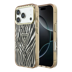 Guess iPhone 18 Pro/iPhone 17 Pro Coque rigide - MagSafe - IML - Motif zèbre - Paillettes - Logo triangulaire - Or