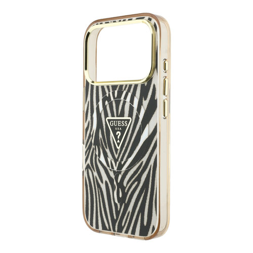 Guess Guess iPhone 18 Pro/iPhone 17 Pro Hartschalenhülle MagSafe IML Zebramuster Glitzer Dreieckiges Logo - Gold