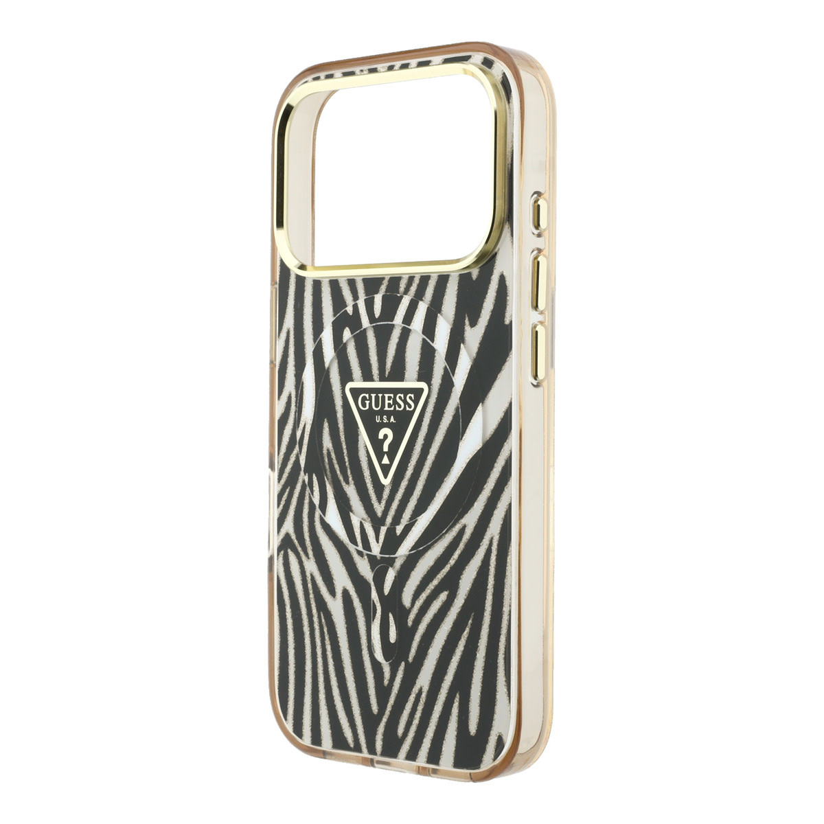 Guess Guess iPhone 18 Pro Backcover hoesje - HC Magsafe IML Zebra Glitter Triangle Logo - Goud, foto 6 van 6